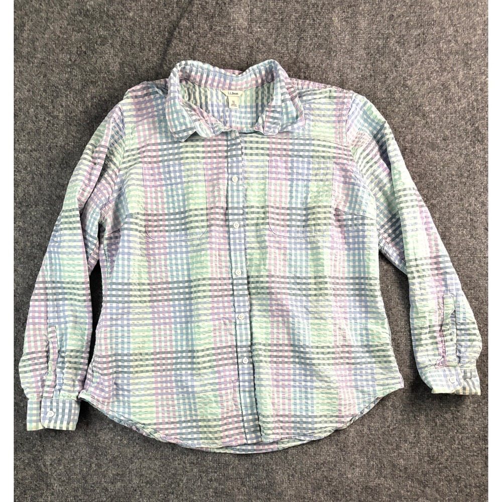 L.L.Bean Seersucker Plaid Button Front Shirt Women's XL Pastel Long Sleeve